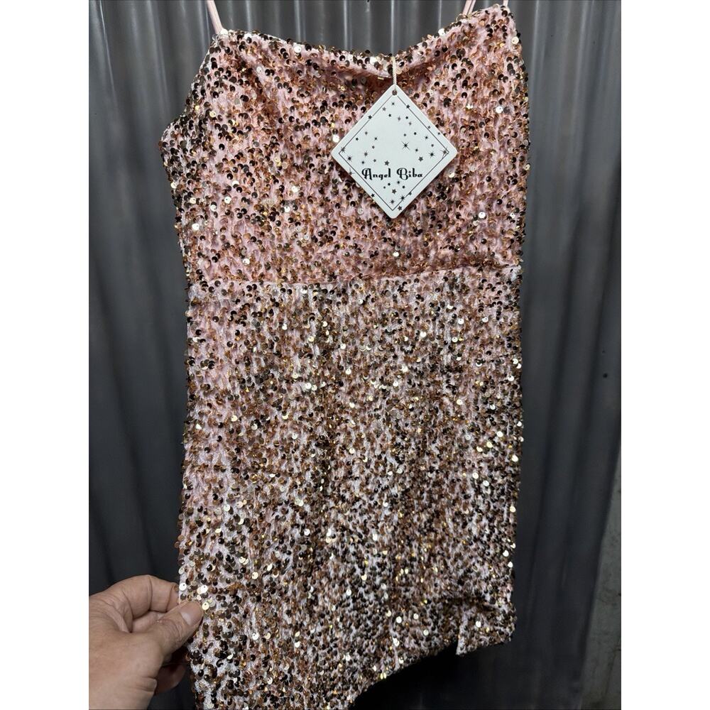 Angel Biba NWT Blush Sequin Mini Dress Rose Gold Cocktail Party Wedding Guest M - Picture 16 of 16